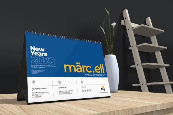 2020年深蓝色翻页台历表设计模板 Marcell Corporate Table Calendar 2020