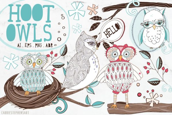 可爱猫头鹰矢量剪切画素材 Cute Owl Graphics Set
