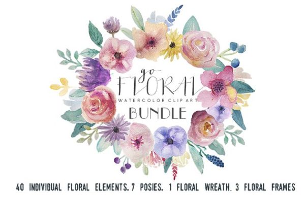 水彩花卉素材集（元素、花环&amp;花框） Go Floral! watercolor clip art set