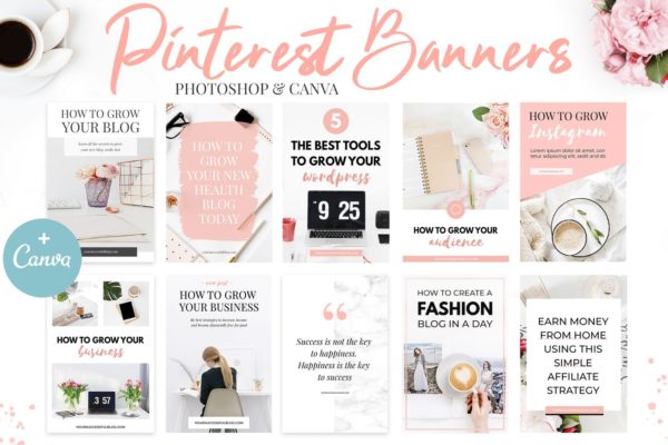 10款粉色主题Pinterest社交贴图广告设计模板16图库精选v2 Canva Pinterest Templates V.2