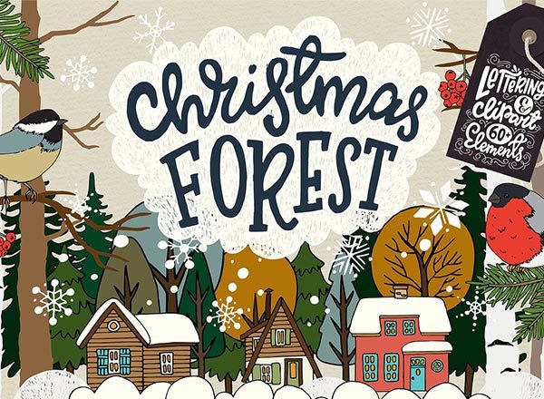50个不同的手绘矢量剪贴画元素圣诞森林集合