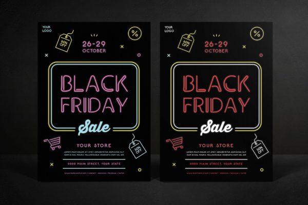 霓虹灯设计风格黒五购物节店铺促销广告传单海报模板 Black Friday Sale Flyer