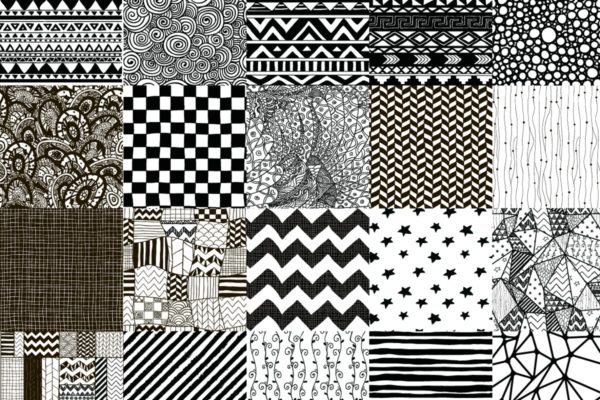 50款黑色手绘无缝印花图案 50 Black Hand-Drawn Seamless Patterns