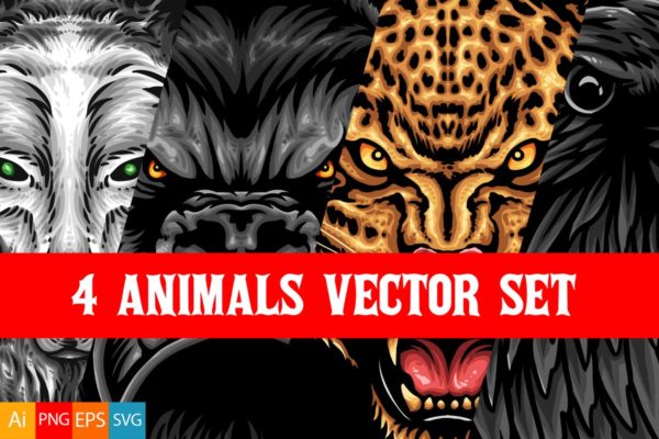 4个动物矢量手绘插画印花图案素材 4 Animals Vector Set