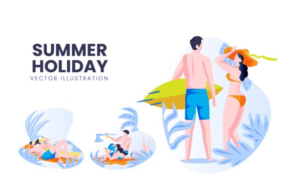 海滩度假主题人物形象素材中国精选手绘插画矢量素材 Summer Holiday Vector Character Set
