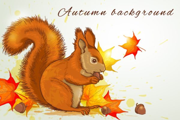 秋天松鼠矢量插画素材 Autumn Background with Squirrel