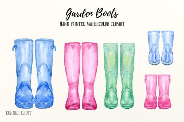 水彩艺术塑胶雨靴花园靴子剪贴画 Watercolor Garden Boots, Wellies
