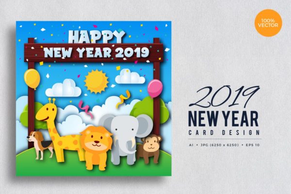 可爱手绘野生动物2019新年贺卡设计模板 Cute Wildlife Animal Happy New Year 2019 Card