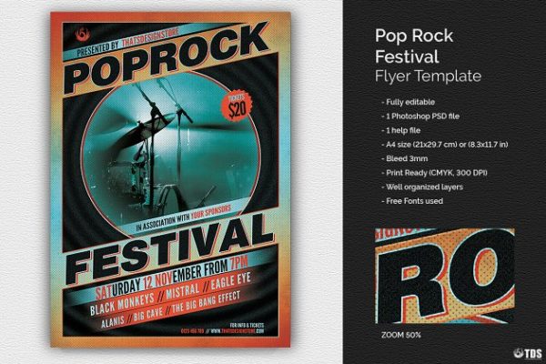 流行摇滚音乐节传单PSD模板v1 Pop Rock Festival Flyer PSD V1