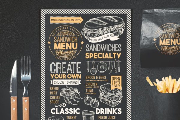 黑板画粉笔画设计风格三明治菜单PSD设计模板 Sandwich Food Menu