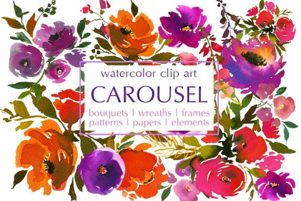 水彩花卉剪辑艺术（图形、纹理、纸张…） Carousel Watercolor Floral Clip Art