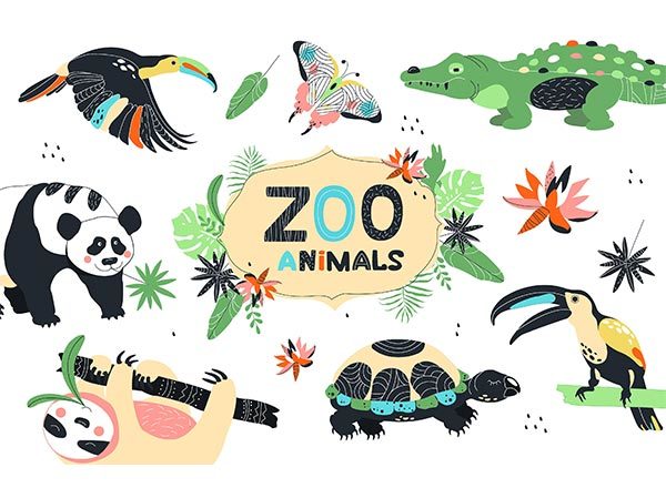 动物园和植物矢量手绘风格的无缝背景图案