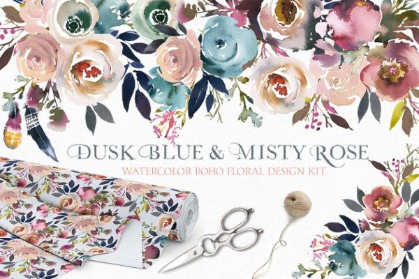 暗蓝色&amp;薄雾玫瑰波希米亚式水彩花卉 Dusk Blue &amp; Misty Rose Boho Flowers