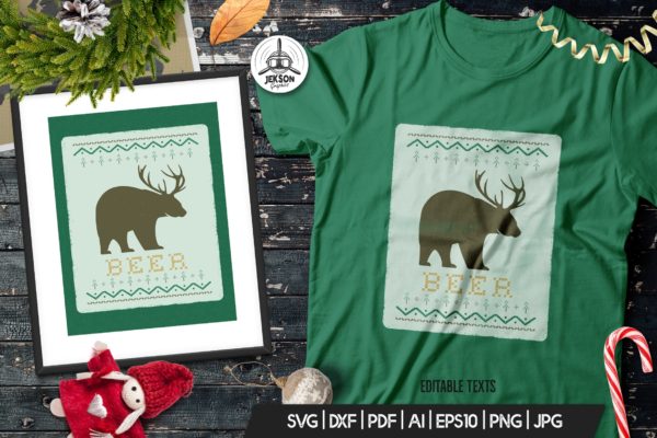 圣诞节主题T恤带鹿角黑熊印花图案设计模板 Funny Christmas Print T-Shirt Sweater. Beer Design