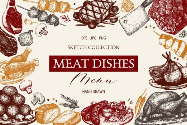 复古风格肉类菜肴设计菜单 Vintage Meat Dishes Design Menu