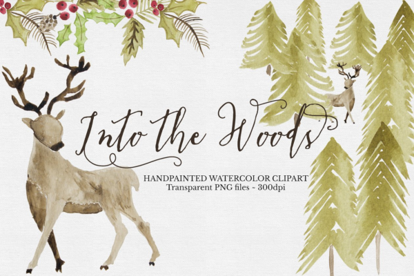 水彩林地元素剪辑集 Watercolor WoodlandClipart Set