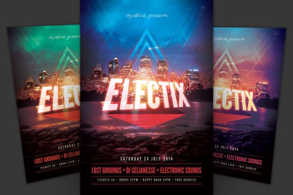 城市音乐舞蹈狂欢活动海报传单16设计网精选PSD模板 Electix Flyer
