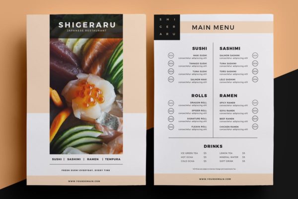 高档日本寿司刺身餐厅菜单设计PSD模板 Restaurant Menu
