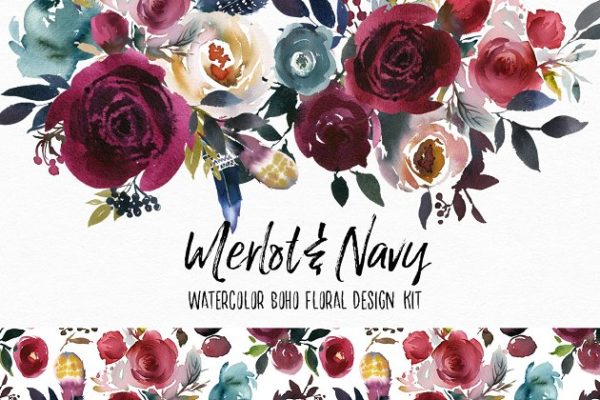 梅洛红&amp;海军蓝水彩花卉设计素材包 Merlot &amp; Navy Boho Floral Design Kit