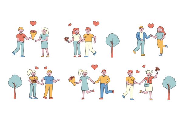 情侣爱情主题人物形象线条艺术矢量插画16图库精选素材 Romantic Lineart People Character Collection