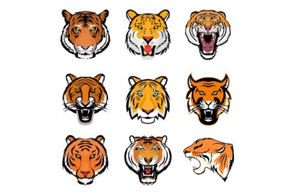 9款凶猛的老虎头部矢量图标 9 Tiger Face Vector Illustrations
