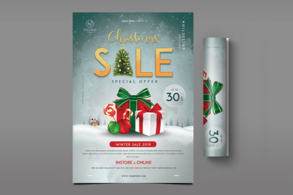2019年圣诞节年终大促活动海报传单模板 Christmas Sale Flyer