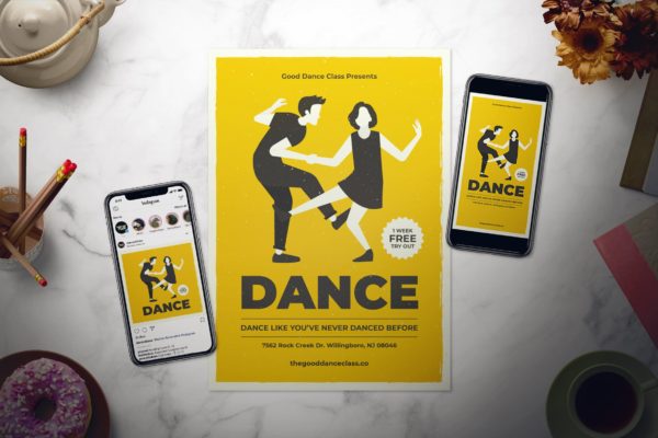 舞蹈培训课程推广海报设计模板 Dance Class Flyer Set