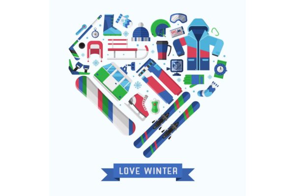 冬季运动主题扁平设计风格心形矢量插画普贤居精选 Love Winter Sports Heart Print