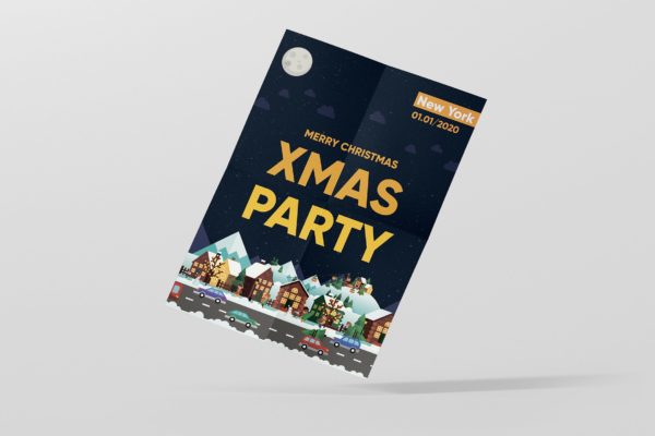 创意城市街景插画背景圣诞节主题海报设计模板 Christmas Party Poster