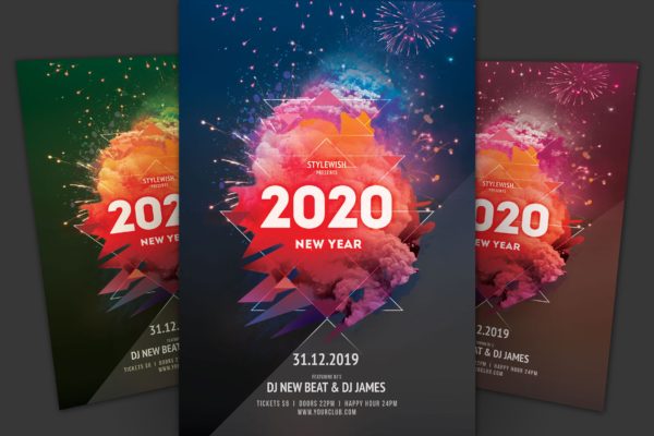 2020新年倒计时梦幻彩烟背景海报传单设计模板 New Year Flyer