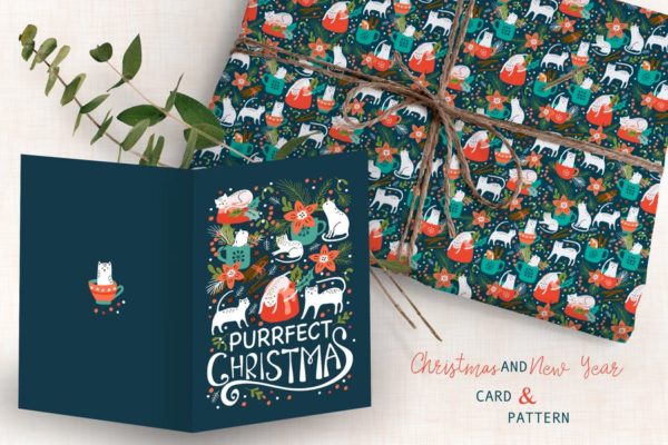圣诞猫咪手绘图案背景素材/贺卡设计模板 Spicy Kittens Christmas Card and Pattern