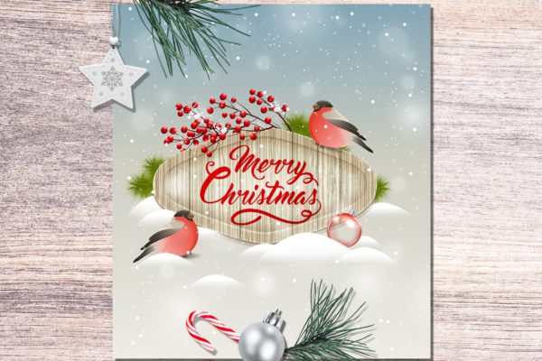 逼真圣诞节贺卡设计模板 Christmas Greeting Card with Bullfinch