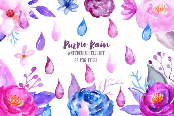 紫色水彩雨滴花瓣花卉装饰剪贴画 Watercolor Purple Rain