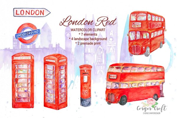 伦敦著名地标红色主题水彩插画 Watercolor London Red