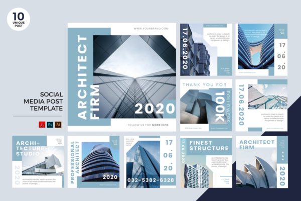 建筑主题社交媒体设计素材包 Architecture Social Media Kit PSD &amp; AI