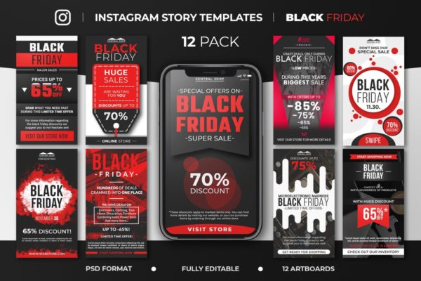 黑色星期五购物节Instagram故事促销广告模板16设计网精选v2 Black Friday Instagram Story Feed Templates