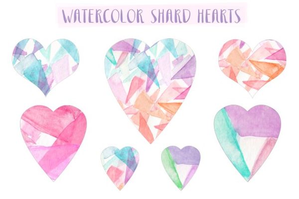 水彩手绘心形透明背景剪贴画 Watercolor Shard Hearts