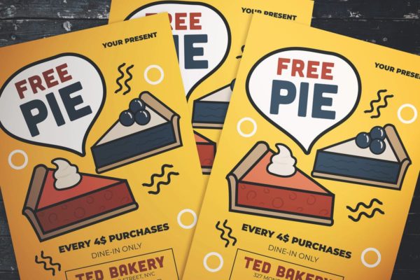 美食折扣促销海报传单设计模板 Free Pie Flyer