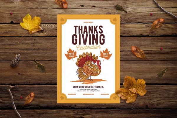 感恩节火鸡节美食庆祝活动海报设计模板 Thanksgiving Celebration