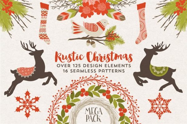 乡村圣诞矢量图形与无缝图案纹理 Rustic Christmas Graphics &amp; Patterns