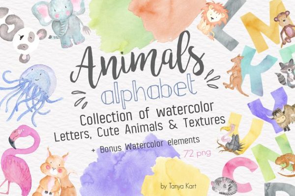 字母、可爱动物水彩图案&amp;纹理 Alphabet Watercolor Animals Kit