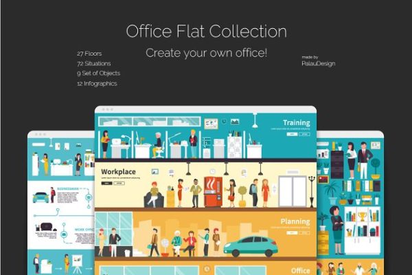 扁平风格办公楼层办公室概念插图 Office Flat Collection