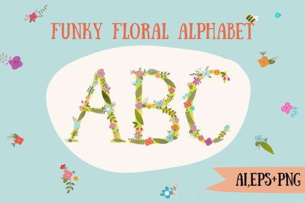 时尚的手绘花卉字母装饰图  Funky floral alphabet