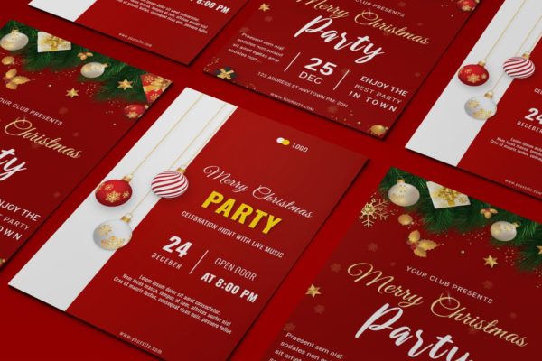 圣诞节主题派对红色传单排版设计模板 Christmas party flyer template