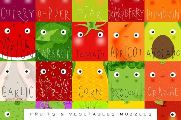 可爱卡通风水果蔬菜插画合集 Fruits &amp; Vegetables Muzzles