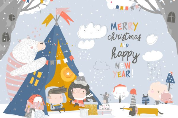 儿童与动物庆祝圣诞节场景矢量手绘插画素材 Kids celebrating Christmas with animals in a teepe