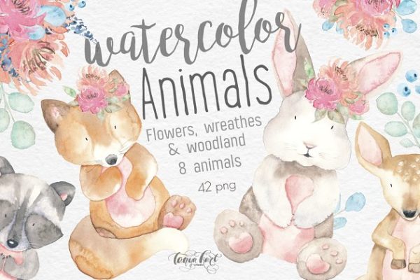 水彩动物和花卉剪贴画 Watercolor Animals, Flowers Clipart