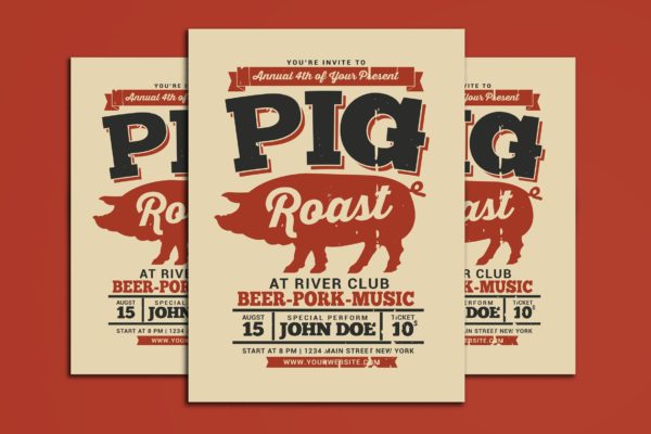 篝火/烧烤晚会活动宣传创意海报传单设计模板 Pig Roast Event Flyer