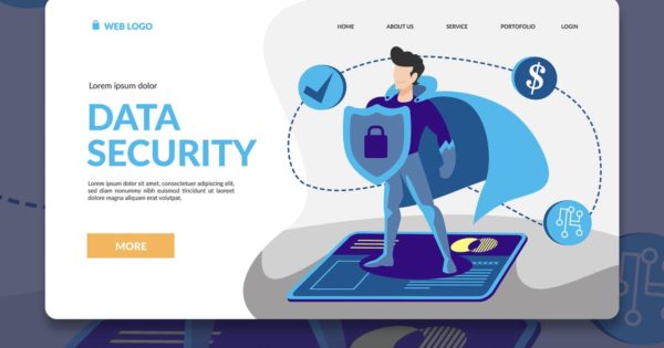 网站着陆页设计数据安全保护手绘插画模板 Security Hero Landing Page Illustration