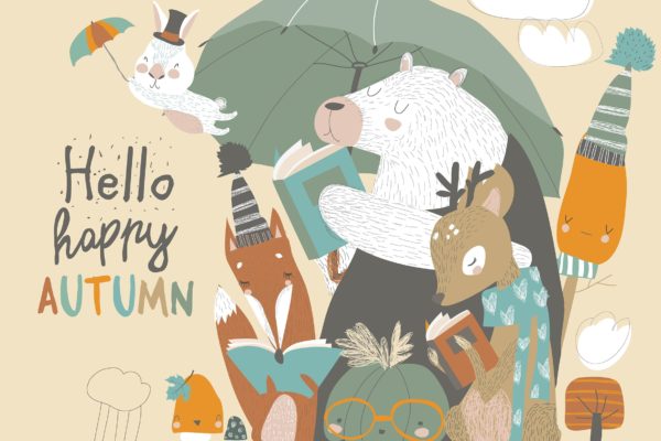 可爱的动物阅读场景16素材网精选手绘插画矢量素材 Funny animals read books under umbrella. Autumn ti